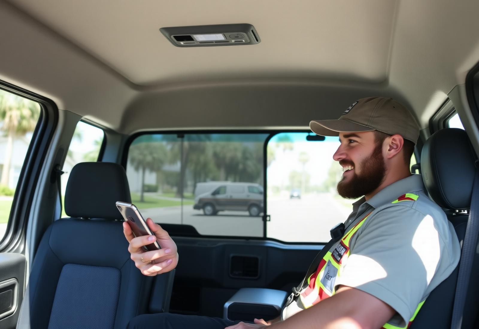 Field team member in a work van in Florida using a mobile phone
